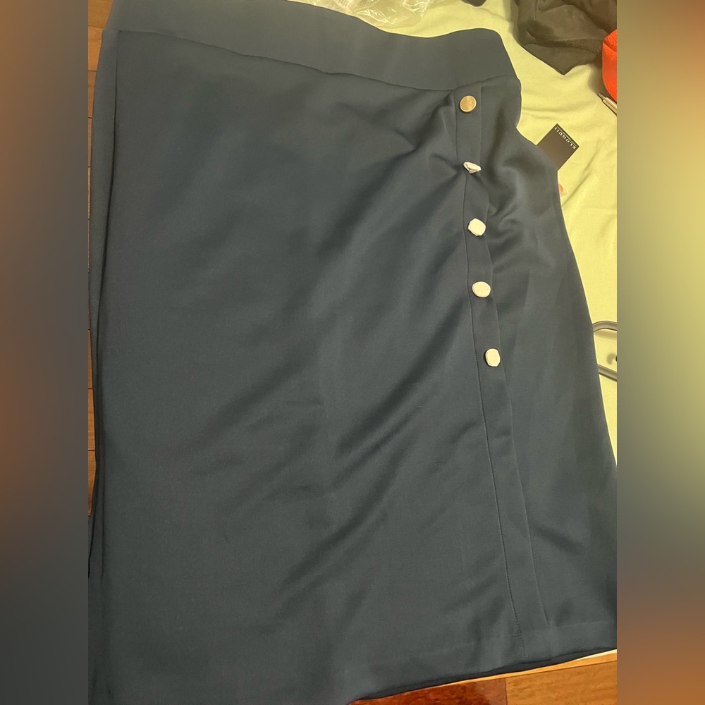 Eloquii Navy Pencil Skirt with Button Detail